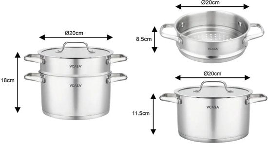 Vcasa 3-delige stoompan met stoominzet en afgietdeksel, Ø20 cm, 3,4 L, rvs