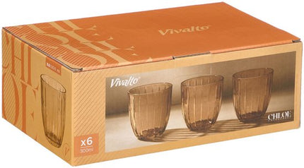 Waterglas - Cocktailglas - Sapglas - Geribbeld Drinkglas - Gestreept Glas - Set van 6 - Vintage Waterglas - 300ml - 8.5 x 8.5 x 9.5 cm - Amber
