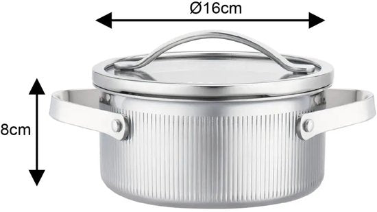 Vcasa kookpan 16 cm met afgietdeksel, 1,5 liter, 304 rvs, tri-ply, zilver