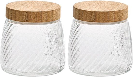2-Delig Glazen Voorraadpotten - Voorraadpot - Voorraadbus - Met Bamboe Deksel - Keukenopslag - 0.9 Liter - Ø12.2 x 12.5 - Transparant