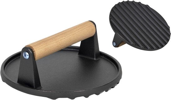 MPLCo - Cast Iron Burger Press - Burger Press with Wooden Handle - Cast Iron Meat Press - Grill Press for Burgers, Smash Burgers, Steaks & Bacon - BBQ Accessory - Ø18 cm - Black