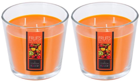 Geurkaars - Parfumkaars - Grote Geurkaars in Glazen Pot - Set van 2 - Exotic Fruit Geur - voor Luxe Woonaccessoire - 500 g - 13, 5 x 12, 5 cm - Transparant