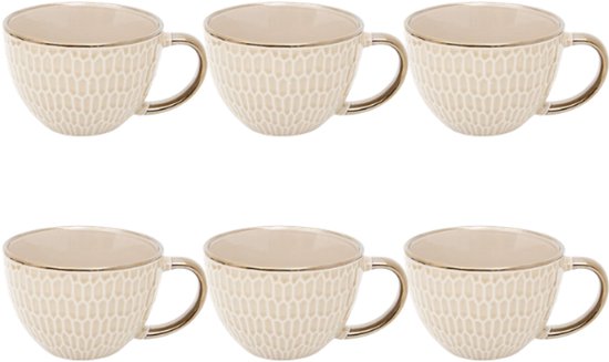 Mok - Ontbijtkom - Keramische Ontbijtbeker - Set van 6 - Grote Koffiemok - Soepkom met Oor - Fajance Kom voor Ontbijt, Muesli en Soep - 420 ml - 14.5 x 11.6 x 7.8 cm - Beige