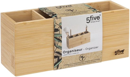 5Five Organisateur de maquillage - 4 compartiments - 22,5 x 7 cm - bambou - Support vernis à ongles - Support maquillage - Organisateurs