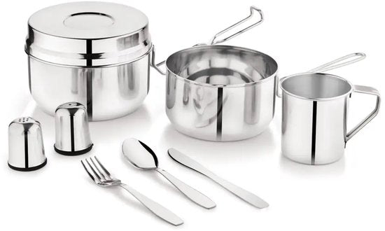 Kinghoff - KH-2060 - 9-Delig Camping Kookset - Kampeerset met Kookpan 1,5L, Mok 0,5L & Bakje 1,1L - Campingservies met Bestek, Mes, Vork & Lepel - Inclusief Zout- en Peperstrooiers - Reis- & Outdoor Set voor Camper en Tent - RVS