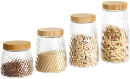 Voorraadpot Food Essentials Ventura - keuken - ribbel glas / bamboe - 1.3 liter - luchtdichte draaideksel - bewaarpotten - opslagpotten