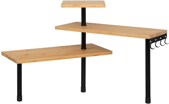 5Five Keuken/aanrecht hoek rekje - metaal/bamboe hout - 43 x 43 x 38 cm - organizer - naturel/zwart - 3 laags
