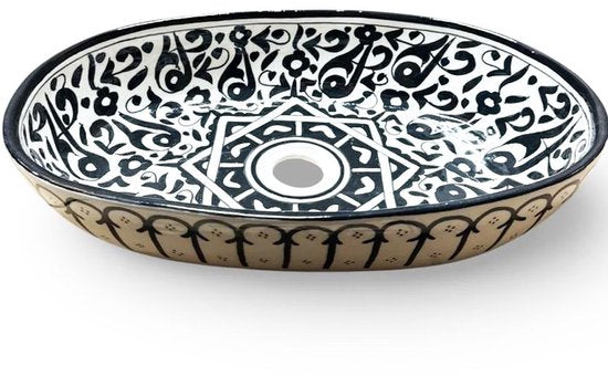 Handgemaakte Marokkaanse Waskom - Opbouw Wastafel Design - Keramiek - Ovaal - 45 x 29 cm - Zwart & Wit