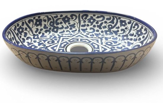 Handgemaakte Marokkaanse Waskom - Opbouw Wastafel - Keramiek - Ovaal - 45 x 29 cm - Blauw Wit