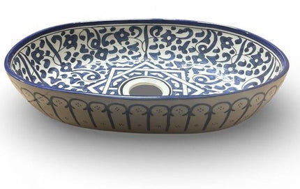 Handgemaakte Marokkaanse Waskom - Opbouw Wastafel - Keramiek - Ovaal - 35 x 25 cm - Blauw & Wit