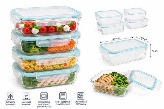 Glass Food Storage Containers Set of 4 - Meal Prep Containers 1.18 L - Glass Freezer Containers with Lids - Glass Lunch Box