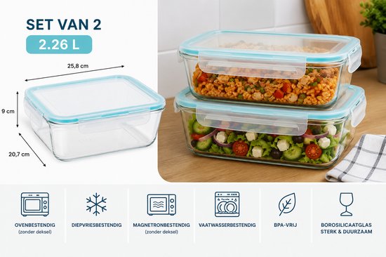 Grote vershoudbakjes Glas Set van 2 - Meal Prep Bakjes 2.26L - Glazen Diepvriesbakjes met Deksel - Lunchbox Glas