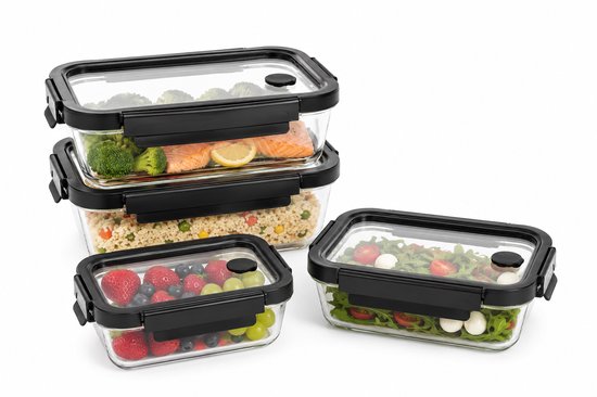 Glass Food Storage Containers Set of 4 - Meal Prep Containers - Glass Lunch Box with Lid - 2 x 0.5 L & 2 x 1.3 L