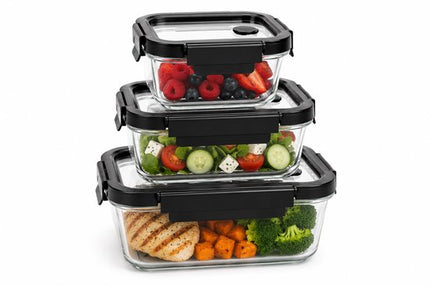 Vershoudbakjes Glas Set van 3 - Meal Prep Bakjes - Glazen Lunchbox met Deksel - 0.32L, 0.37L & 0.5L