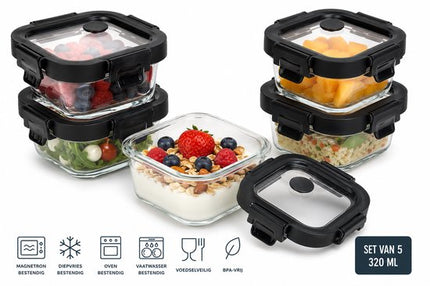 Vershoudbakje Glas 320ml - Meal Prep Bakje - Glazen Lunchbox met Deksel - Vierkant