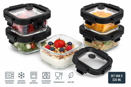 Vershoudbakje Glas 320ml - Meal Prep Bakje - Glazen Lunchbox met Deksel - Vierkant