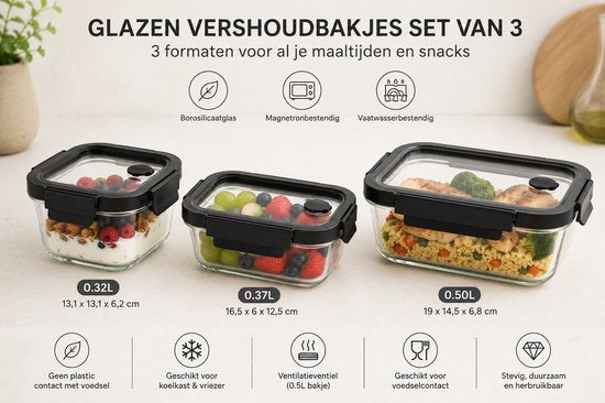 Set de 3 récipients hermétiques en verre - Boîtes de préparation de repas - Lunchbox en verre avec couvercle - 0,32 L, 0,37 L & 0,5 L