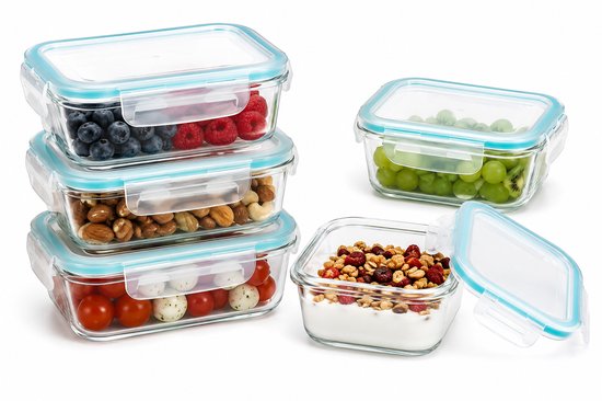 Glazen vershoudbakjes set van 5 – 330 ml, diepvriesbakjes met deksel – foto 2