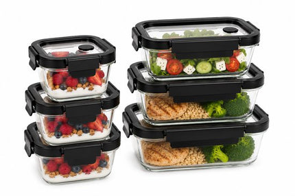 Vershoudbakjes Glas Set van 6 - Meal Prep Bakjes - Glazen Lunchbox met Deksel - 0.32L, 0.37L & 0.5L