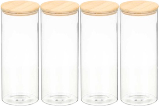 Voorraadpot - Glazen Voorraadpotten - Keukenopslag - Set van 4 - Voedselbewaarpot - Ronde Pot met Bamboe Deksel - 1.8 L - BPA-vrij - Transparant