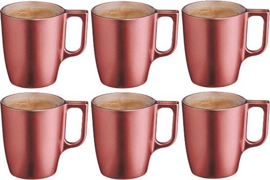 Mok - Moderne Koffiemokken - Glazen Mok - Set van 6 - Luxe Drinkglazen Voor Koffie & Thee - 250 ml - 10,4 x 10,4 x 9,2 cm - Rood