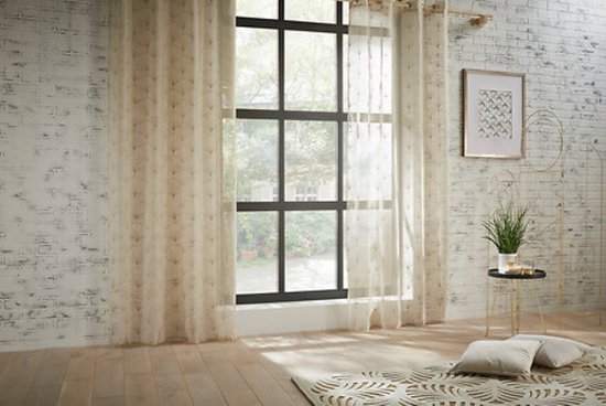 Mia vitrage gordijn 140 x 240 cm – geborduurd, transparant, beige linnenlook – foto 2