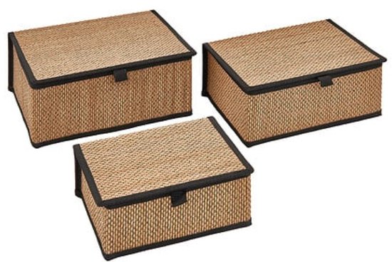 Aufbewahrungsboxen-Set - Organizer-Set - 3er-Set (S, M, L) - Bambus-Aufbewahrungsbox - S M L - Aufbewahrungsbox mit Deckel - Nachhaltiger Ordnungshelfer für Schrank & Schreibtisch - Rechteckig - ca. 25 x 18 x 11,5 cm - Bambus & Schwarz