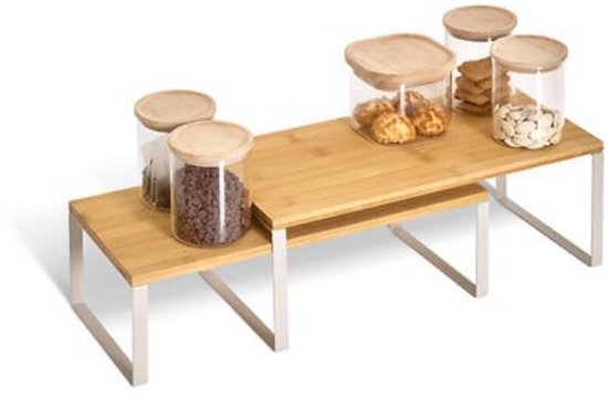 Ordera Ensemble d'Étagères de Cuisine de 2 - Bambou et Métal Gris - Organisateur de Comptoir - Grandes et Petites Tailles - Étagères de Rangement de Cuisine - ensemble de 2 - empilables - Étagère