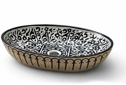 Handgemaakte Marokkaanse Waskom - Opbouw Wastafel Design - Keramiek - Ovaal - 45 x 29 cm - Zwart & Wit