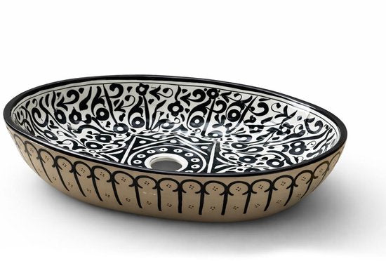Handgemaakte Marokkaanse Waskom - Opbouw Wastafel Design - Keramiek - Ovaal - 45 x 29 cm - Zwart & Wit
