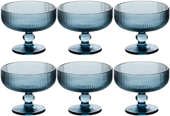 IJsschaal - IJsbeker - IJscoupe - Set van 6 - Glazen Dessertkom - Kom voor IJs, Desserts, Fruit & Snacks - Vaatwasserbestendig - 340 ml - Blauw