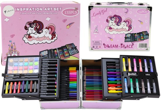 Unicorn Art Set 133-delig - Complete Knutselset in Opbergkoffer - Tekenen & Schilderen voor Kinderen - Tekenset - Kleurset - Hobby Knutselset
