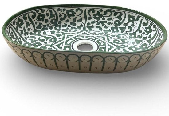 Handgemaakte Marokkaanse Waskom - Opbouw Wastafel - Keramiek - Ovaal - 45 x 29 cm - Groen & Wit