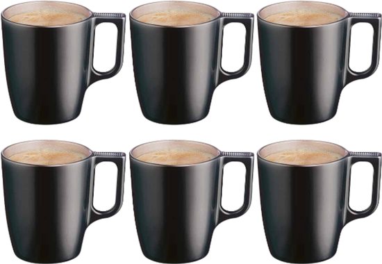 Mug - Tasses à café modernes - Mug en verre - Set de 6 - Verres de luxe pour café et thé - 250 ml - 10,4 x 10,4 x 9,2 cm - Noir