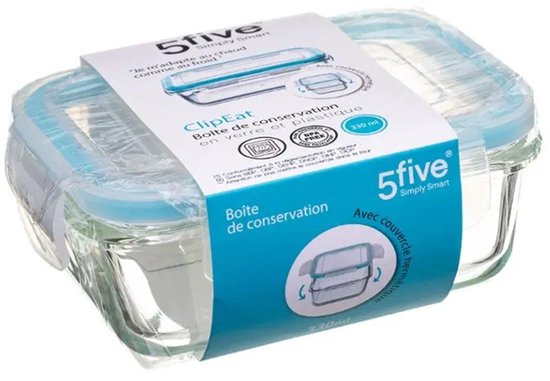 5Five Food container with lid - glass - airtight - with clips - 14 x 10 x 5 cm - 0.73 L