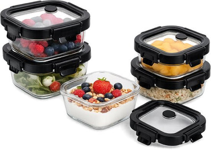 Vershoudbakjes Glas Set van 5 - Kleine Meal Prep Bakjes 320ml - Glazen Snackbakjes met Deksel - Lunchbox - Zwarte Deksel
