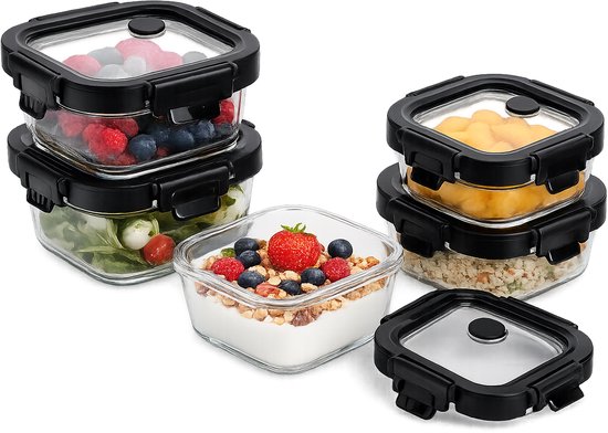 Kleine glazen bakjes met deksel, set van 5 – vershoudbakjes 320 ml