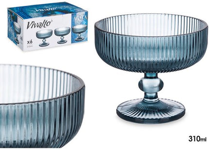 Glazen ijsbekers 310 ml op voet – Glazen dessert coupes - donkerblauw gestreept – set van 6 dessertglazen