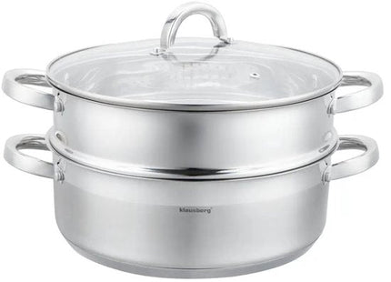 Klausberg - Stoompan - 3-delige RVS Stoomkookset - Stoominzet - Glazen Deksel - Inductie - Gas - Elektrisch - RVS - 6 Liters - 28 cm - Zilver