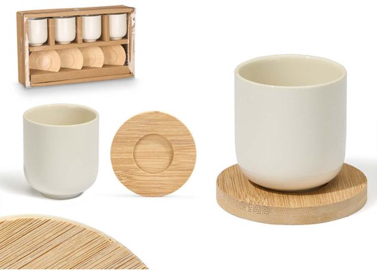 Set of 4 White Ceramic Coffee Cups with Bamboo Coasters – 95 ml – Dishwasher and Microwave Safe