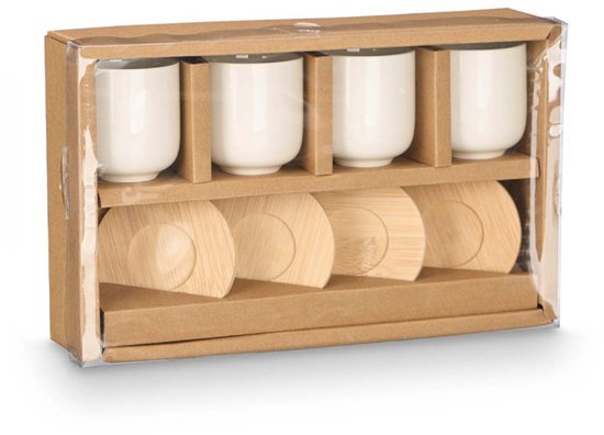 Set of 4 White Ceramic Coffee Cups with Bamboo Coasters – 95 ml – Dishwasher and Microwave Safe
