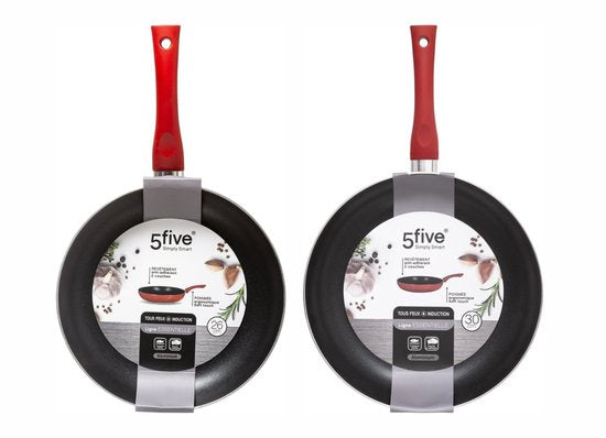 Set of 2 Red / Black Frying Pans – Suitable for All Hobs (Incl. Induction) – 26 cm + 31 cm – Non-Stick Coating – Bakelite Handle