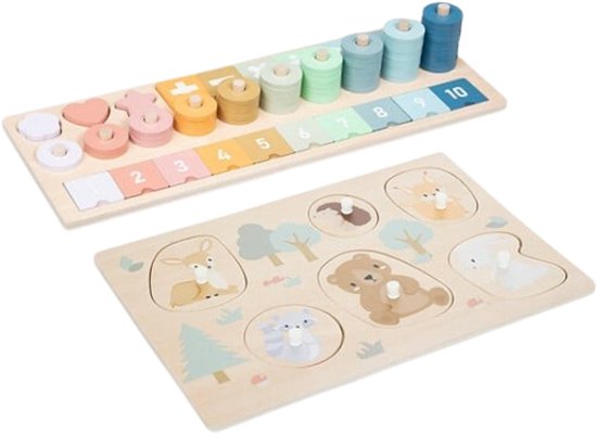2-Piece Wooden Puzzle Set - Educational Children's Toy Wooden Puzzles - Mother & Baby 6-Piece Puzzle & Number Puzzle - Montessori Toy - Multicolor