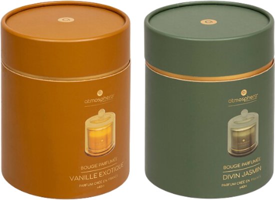 ILAE Duftkerze - Duftkerze im Glas mit Deckel - 2er-Set - Vanille & Jasmin - Scented Candles - Luxus-Wohnkultur - 240 g - Ø 10,8 x 13,8 cm - Bernstein & Grünes Glas