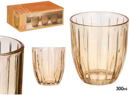 Waterglas - Cocktailglas - Sapglas - Geribbeld Drinkglas - Gestreept Glas - Set van 6 - Vintage Waterglas - 300ml - 8.5 x 8.5 x 9.5 cm - Amber