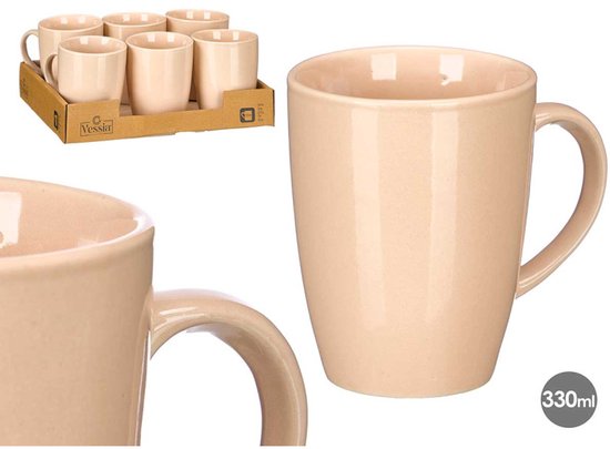 Mok - Koffiemok - Keramische Theemokken - Drinkbekers met Glossy Finish - Luxe Mok - Setvan 6 - 330 ml - 8.5 x 11.5 x 10.5 cm - Crème