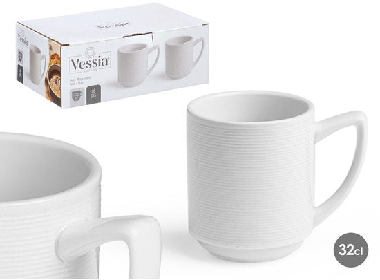 Mok - Koffiemok - Theemok - Porseleinen - Set van 6 - Stevige Drinkbeker - 320 ml - 8 x 11,3 x 9,5 cm - Wit