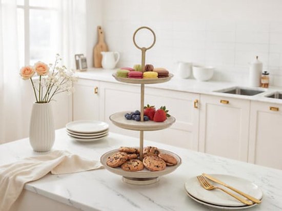 Drietraps Etagère – 3 Laags Serveerstandaard – Metaal – Goud & Crème – H35 x Ø22 cm – Voor Gebak, Hapjes & Decoratie