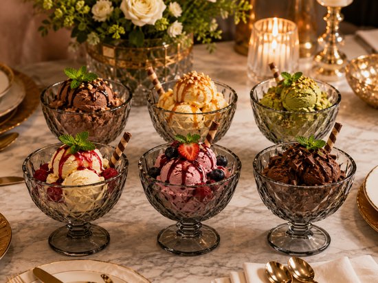 Eisbecher - 6er-Set - Eisbecher-Halter - Dessertschale - Eisbecher aus Glas - Dessertschale Glas - Coupe für Eis, Sorbet & Nachspeisen - Spülmaschinenfest - 300 ml - Grau