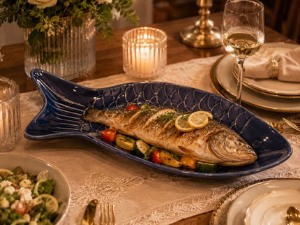Serveerschaal - Visvormige Serveerplaat - Serveerbord - Steengoed Schaal voor Vis, Sushi, Tapas & Hapjes - Vaatwasser- & Magnetronbestendig - 30.7 x 16.3 cm - Blauw